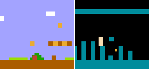 A screen capture of Mario standing next to a Goomba in World 1-1, rendered minimalistically