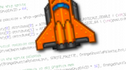 Orange Spaceship flying over code