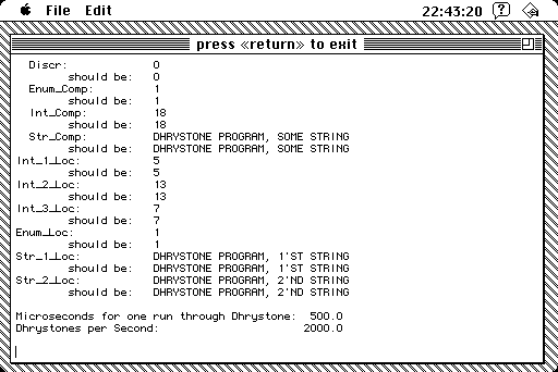 Dhrystone running on a 68k Macintosh with 40000 runs completed