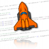 Orange Spaceship flying over code