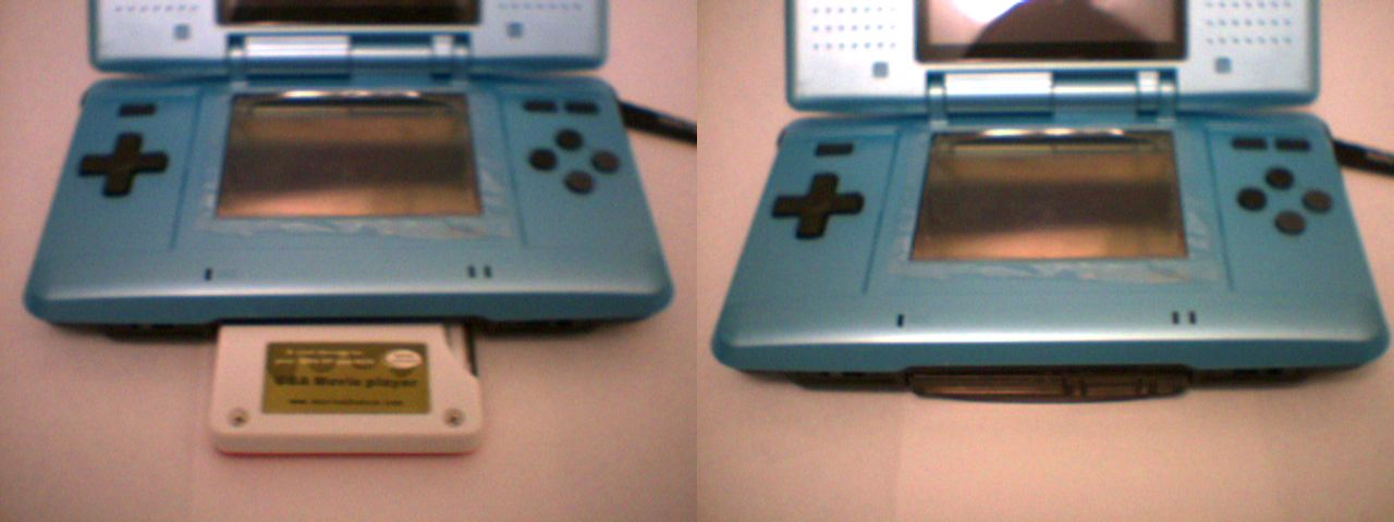 Comparison of GBAMP (left) and a GBA flash cart (right) inserted into a DS
