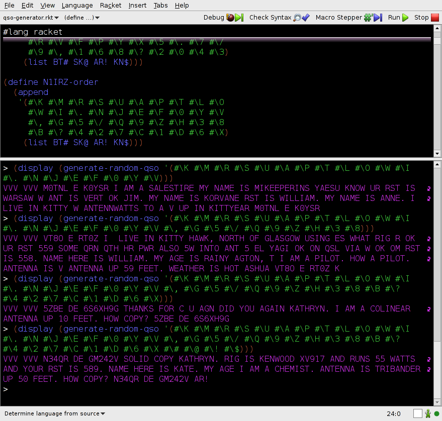 A screenshot of qso-generator.rkt running the sample programs